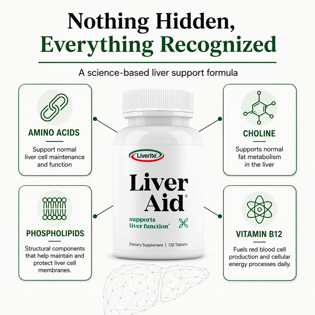 LIVERITE Liver Aid 120 Tablets Liver Support Supplement with Amino Acids, Choline & Vitamin B12 Supports Healthy Liver Function, Energy & Metabolism
