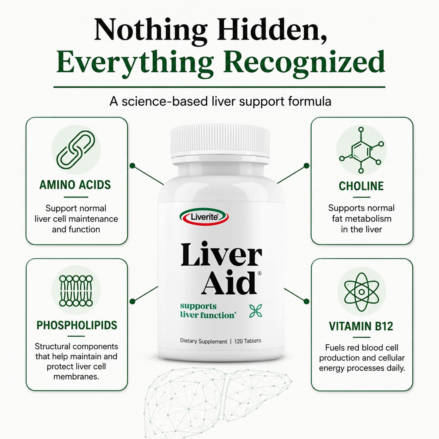 LIVERITE Liver Aid 120 Tablets Liver Support Supplement with Amino Acids, Choline & Vitamin B12 Supports Healthy Liver Function, Energy & Metabolism