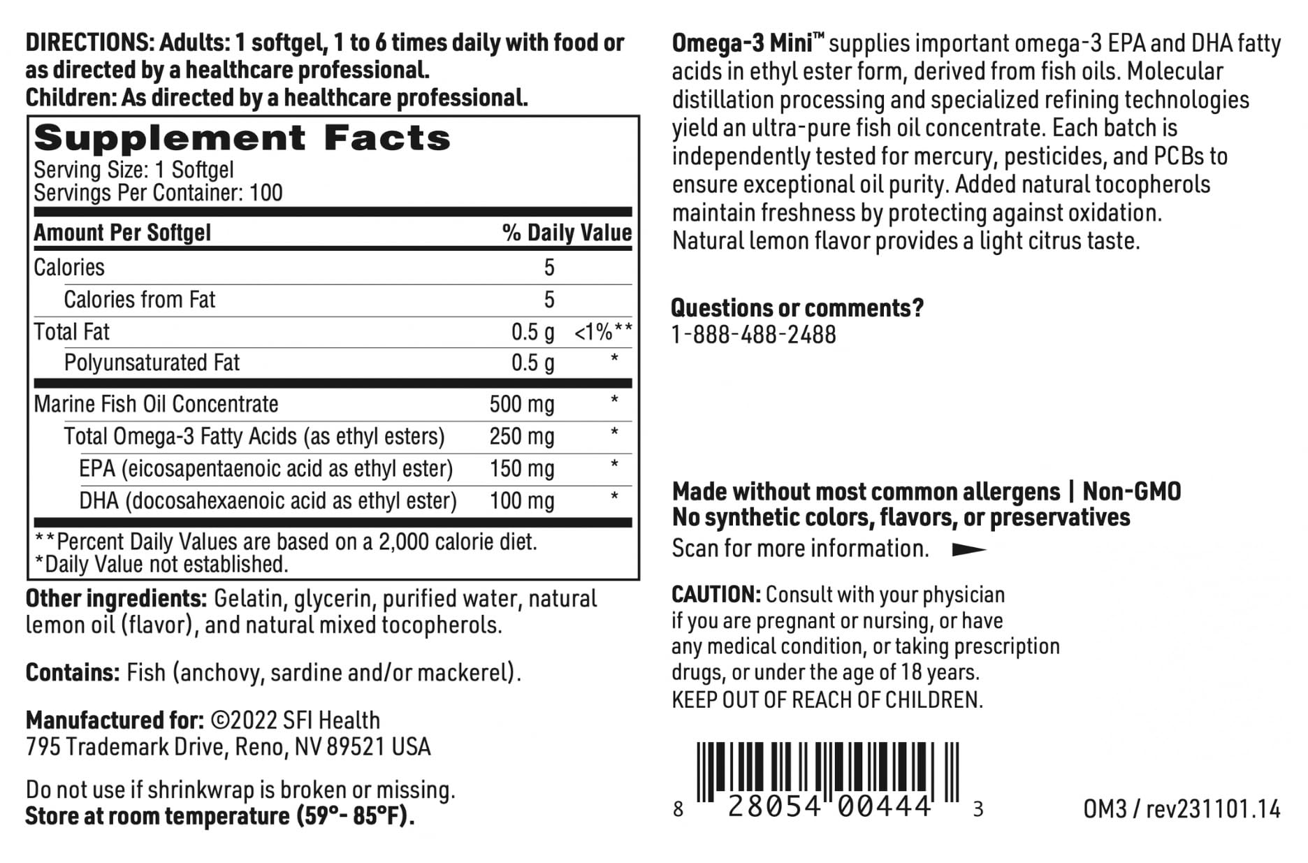 Klaire Labs SFI Health Omega-3 Mini - Ultra Pure, Easy to Swallow Fish Oil Gels for Kids & Adults 150 Milligrams EPA / 100 Milligrams DHA Omega 3 Fatty Acids, Lemon Flavor (100 Softgels)