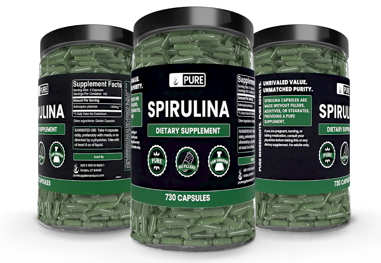PURE ORIGINAL INGREDIENTS Spirulina (730 Capsules) No Magnesium Or Rice Fillers, Always Pure, Lab Verified