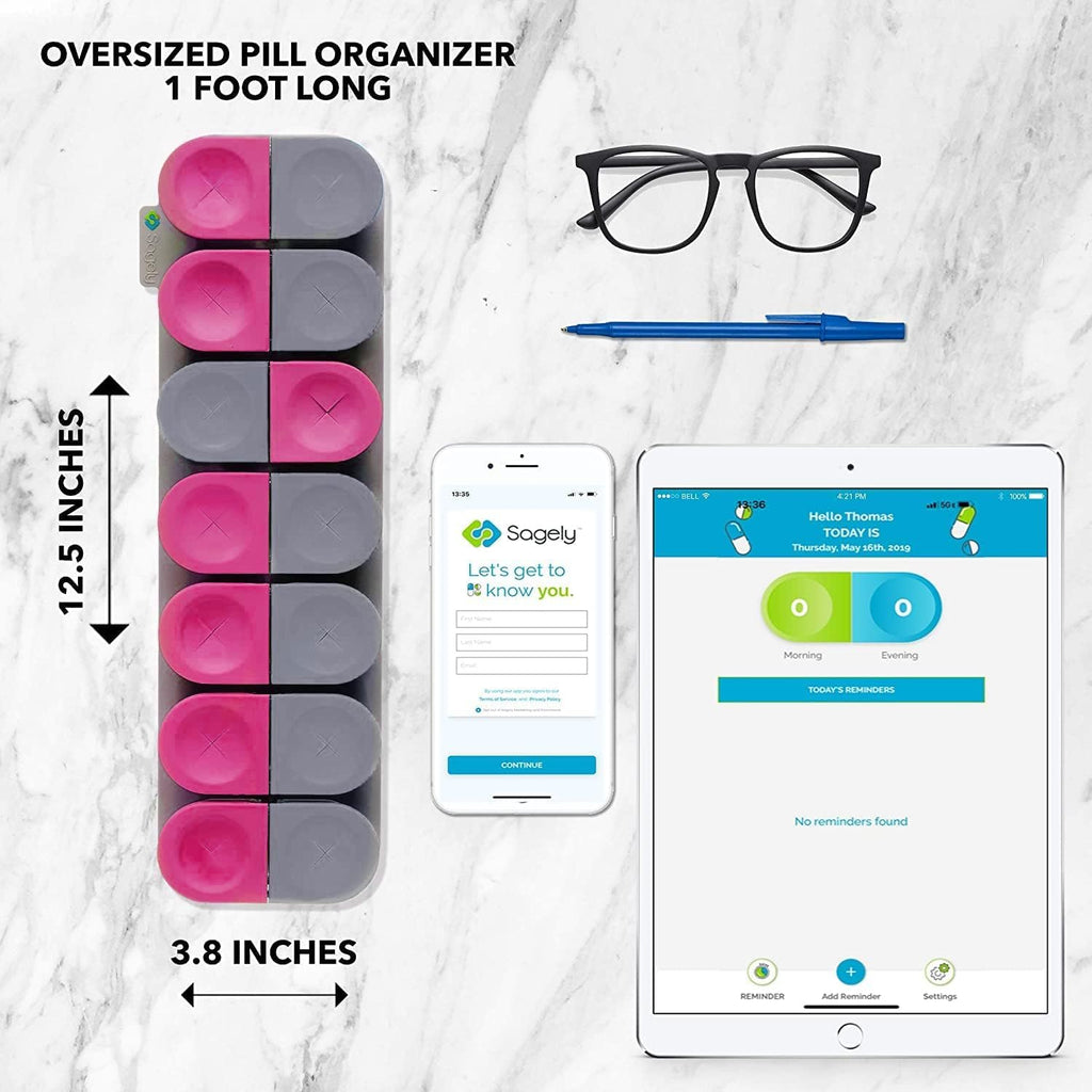 Sagely XL Pill Organizer, Weekly Pill Box, Cute Durable Magnetic Removable Pods, Easy to Use, Spill Proof, Extra Large Enough to Fit Fish Oil, Cod Liver Oil, Supplements & Vitamins (Pink/Gray)