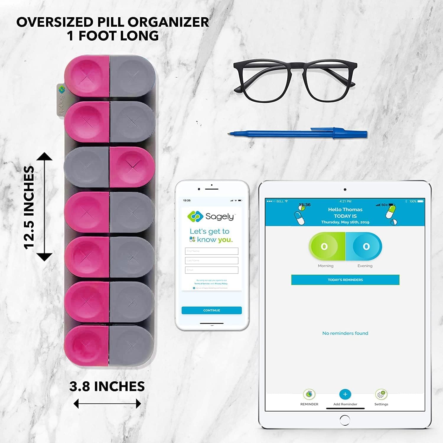 Sagely XL Pill Organizer, Weekly Pill Box, Cute Durable Magnetic Removable Pods, Easy to Use, Spill Proof, Extra Large Enough to Fit Fish Oil, Cod Liver Oil, Supplements & Vitamins (Pink/Gray)