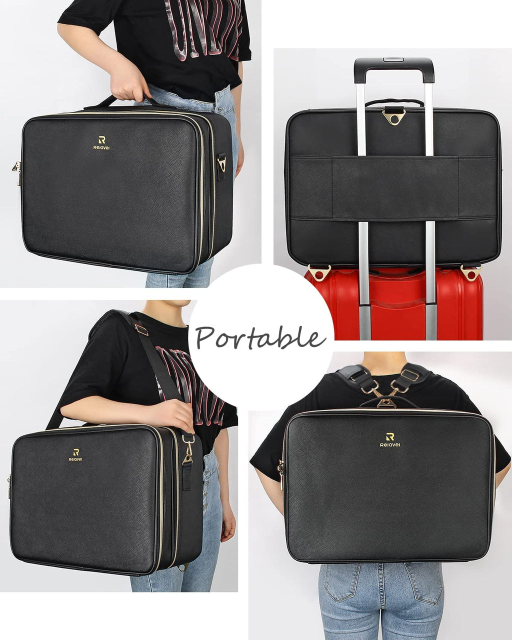 Relavel Extra Large Makeup Bag, Makeup Case Professional Makeup Artist Kit Train Case Travel Cosmetic Bag Brush Organizer, Waterproof Leather Material, with Adjustable Shoulder Straps and Dividers