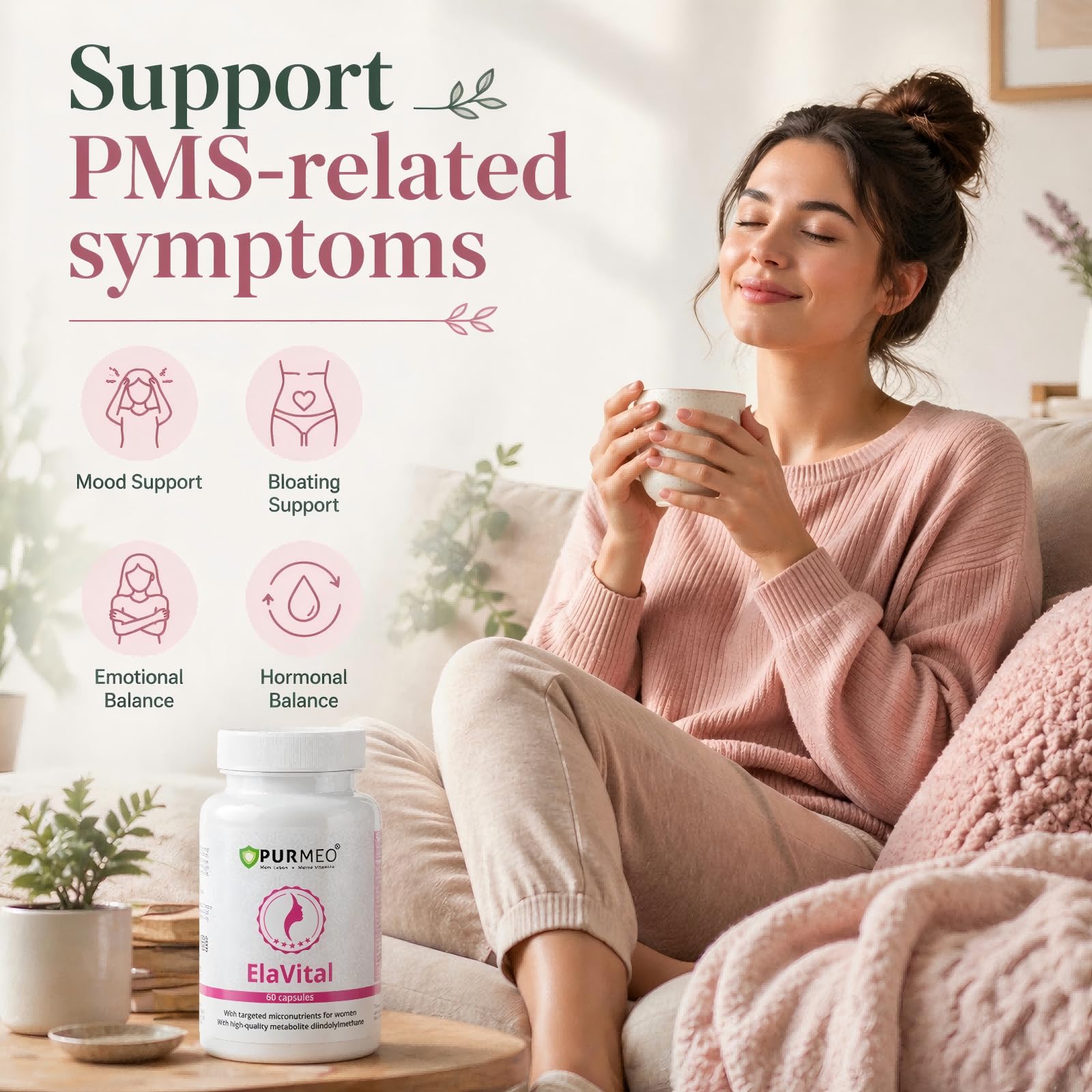 purmeo DIM Supplement for Women - Hormonal Balance Support for PMS, Mood, Bloating & Menopause Relief with Flaxseed, Vitamins & Herbal Extracts, Vegan, Non-GMO