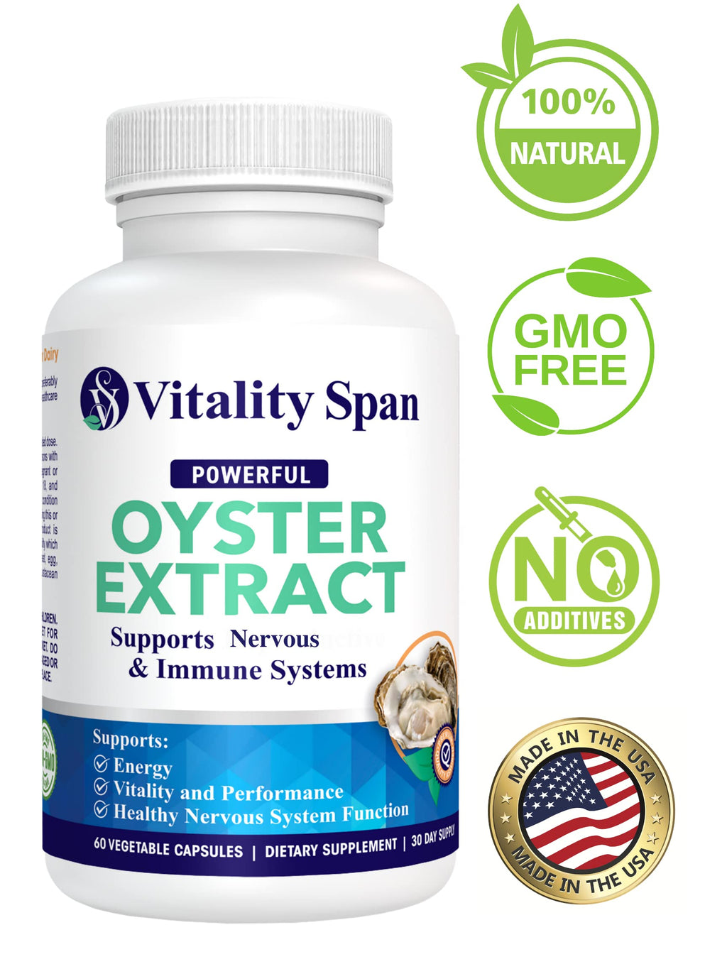 Vitality Span Oyster Extract - Pure, Highly Concentrated Supplement for Men & Women – Supports Energy & Immune Boost; Zinc, Taurine, Amino Acids, and Vitamins, 500 mg, 60 Veg Capsules, Made in USA