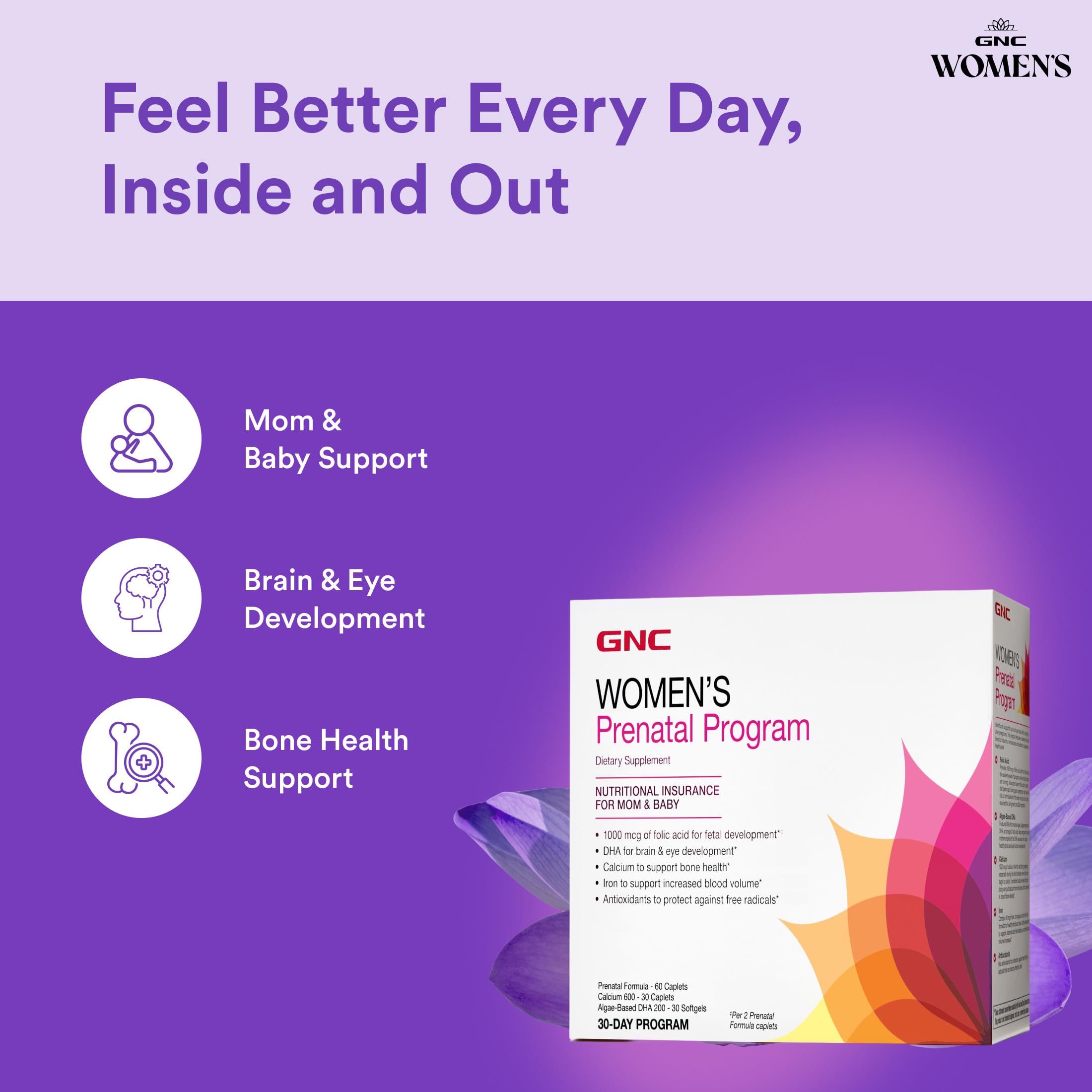 GNC Women's Prenatal Program, Daily Supplement System, Supports Healthy Development for Your Baby with Zinc & Iron for Fetal Needs, Targeted Prenatal and Pregnancy Essentials, 30 Packs