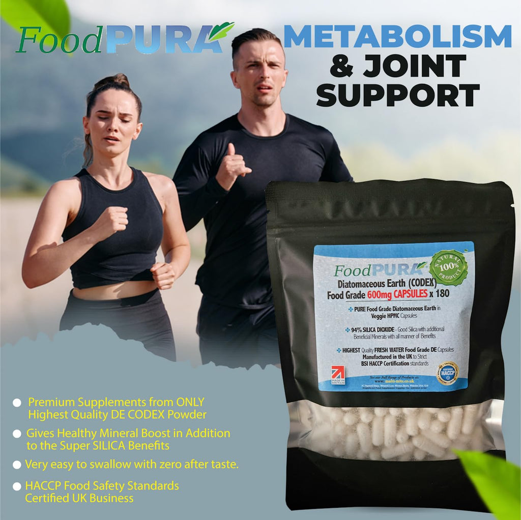FoodPURA 60 X Food Grade Diatomaceous Earth Capsules (Codex) Pure White 94% Silica Fresh Water Sourced 600mg - Capsules, The SAFEST Way to take Supplements!