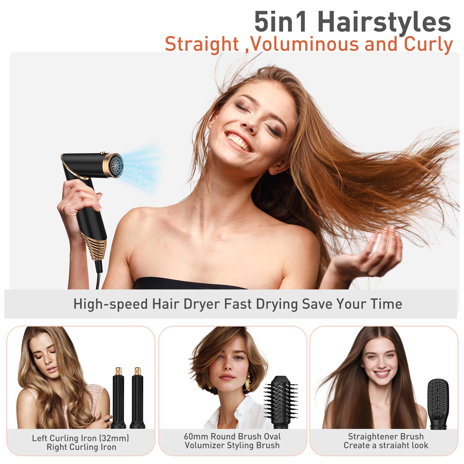 TAHSHINE Blow Dryer Brush Set,5 in 1 Hair Styler,Hair Dryer Brush Electric,Auto Wrap Curler Hair Styler,Detachable Brush Heads Comb for Straightening Automatic Curling Styling,Foldable Hair Dryer