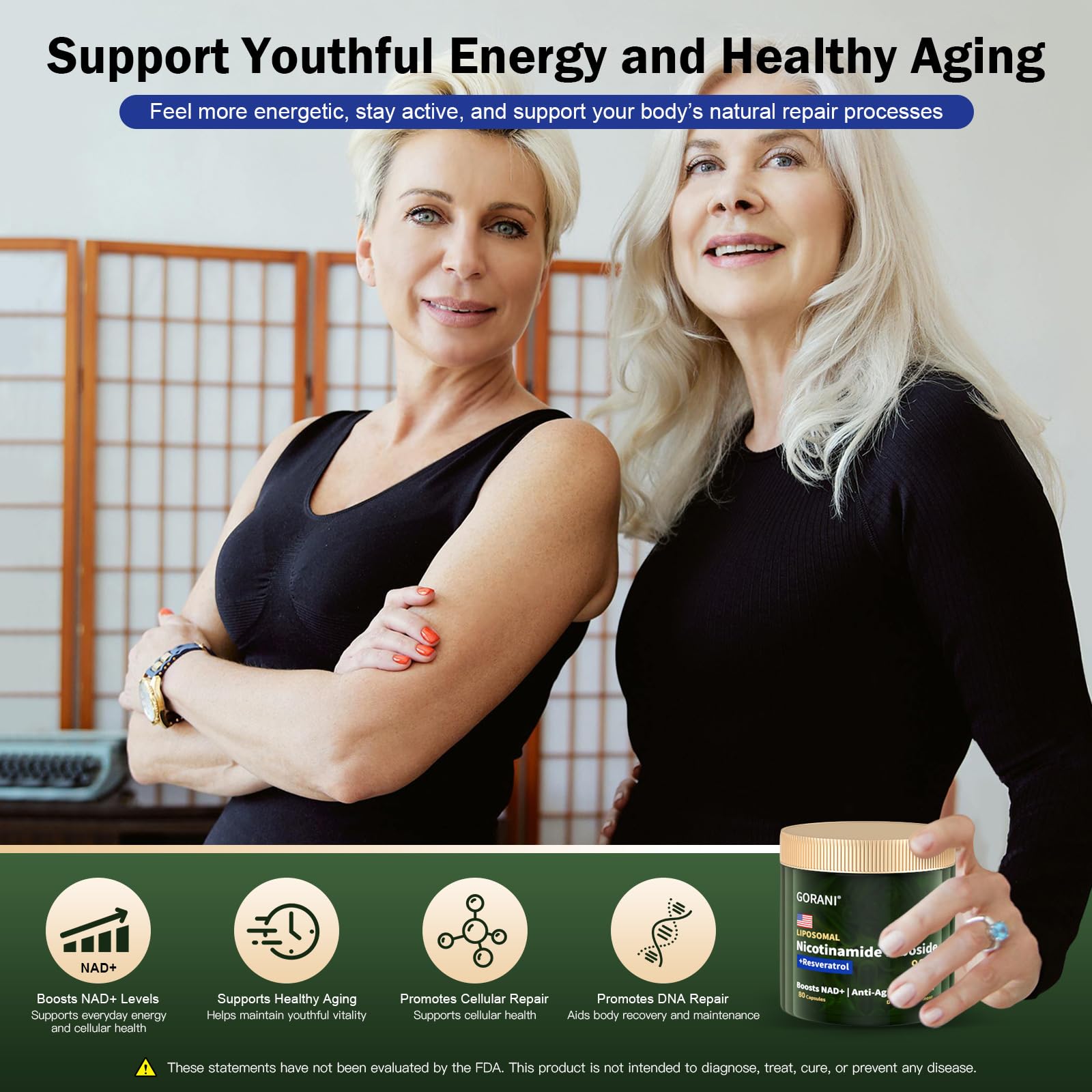 Gorani NAD+ Supplement with 900mg Nicotinamide Riboside (NR), Liposomal Resveratrol & Quercetin - Antioxidant Support (80 Count (Pack of 1))
