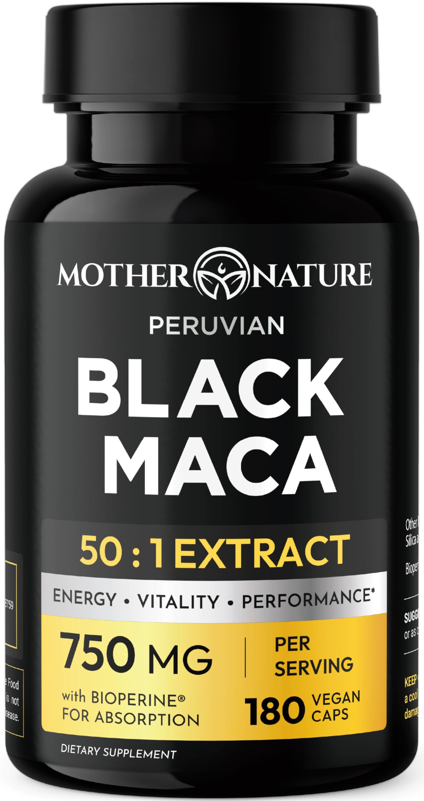 MNO Organic Raw Black Maca 750mg + BioPerine, Energy & Performance, 180ct