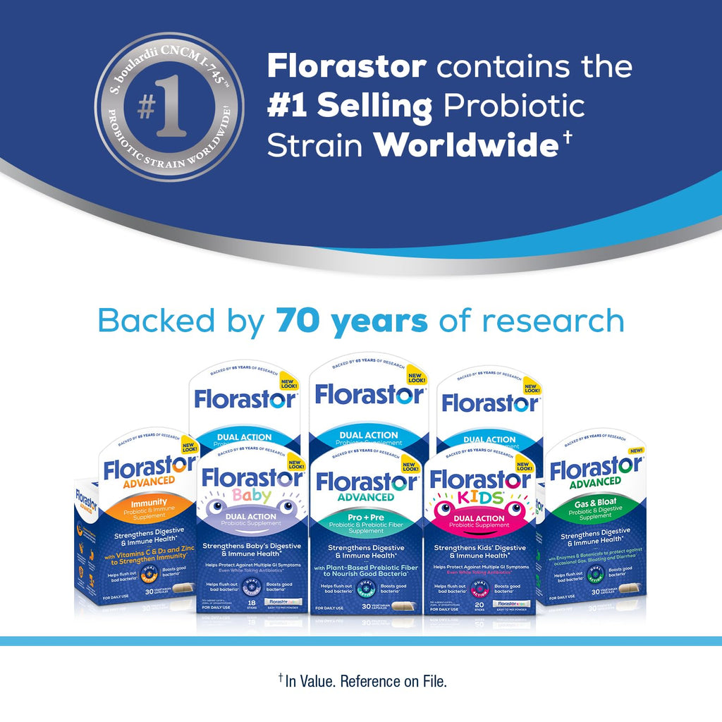 Florastor Advanced Immunity Boost Daily Probiotic & Immune Support Supplement for Women and Men, Saccharomyces Boulardii CNCM I-745 Plus Zinc, Vitamin C & D3 (30 Capsules)