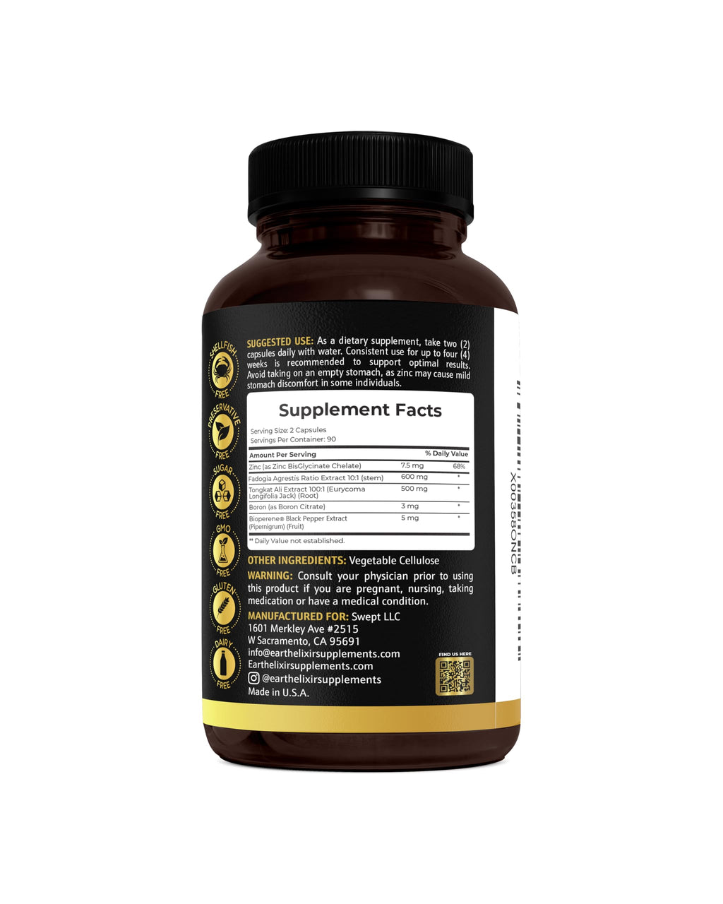 Earth Elixir Fadogia Agrestis & Tongkat Ali for Men & Woman – Natural Testosterone Supplement for Men - Made in USA & 3rd Party Tested – Strength, Energy & Vitality - Longjack – 3 Month Supply