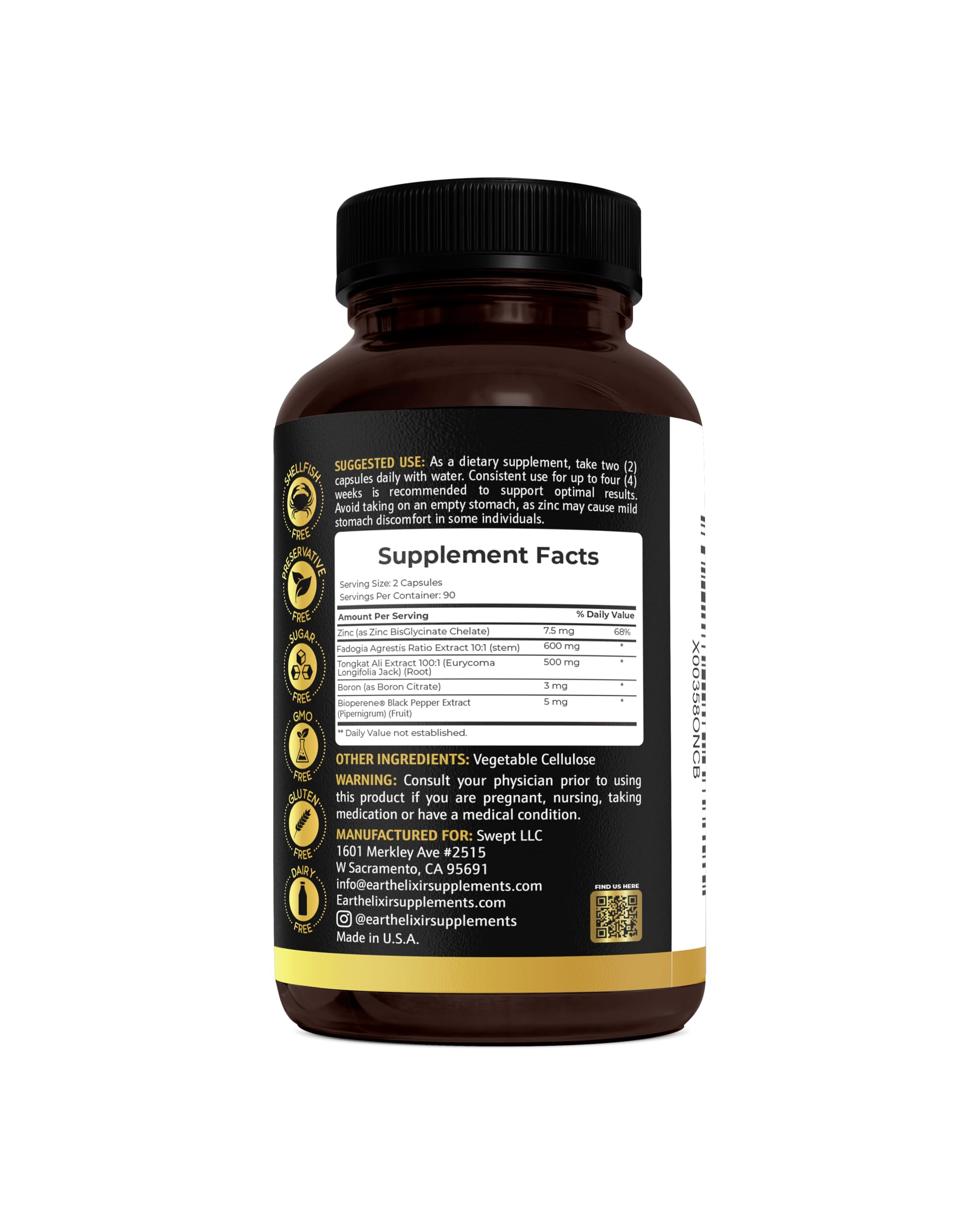 Earth Elixir Fadogia Agrestis & Tongkat Ali for Men & Woman – Natural Testosterone Supplement for Men - Made in USA & 3rd Party Tested – Strength, Energy & Vitality - Longjack – 3 Month Supply