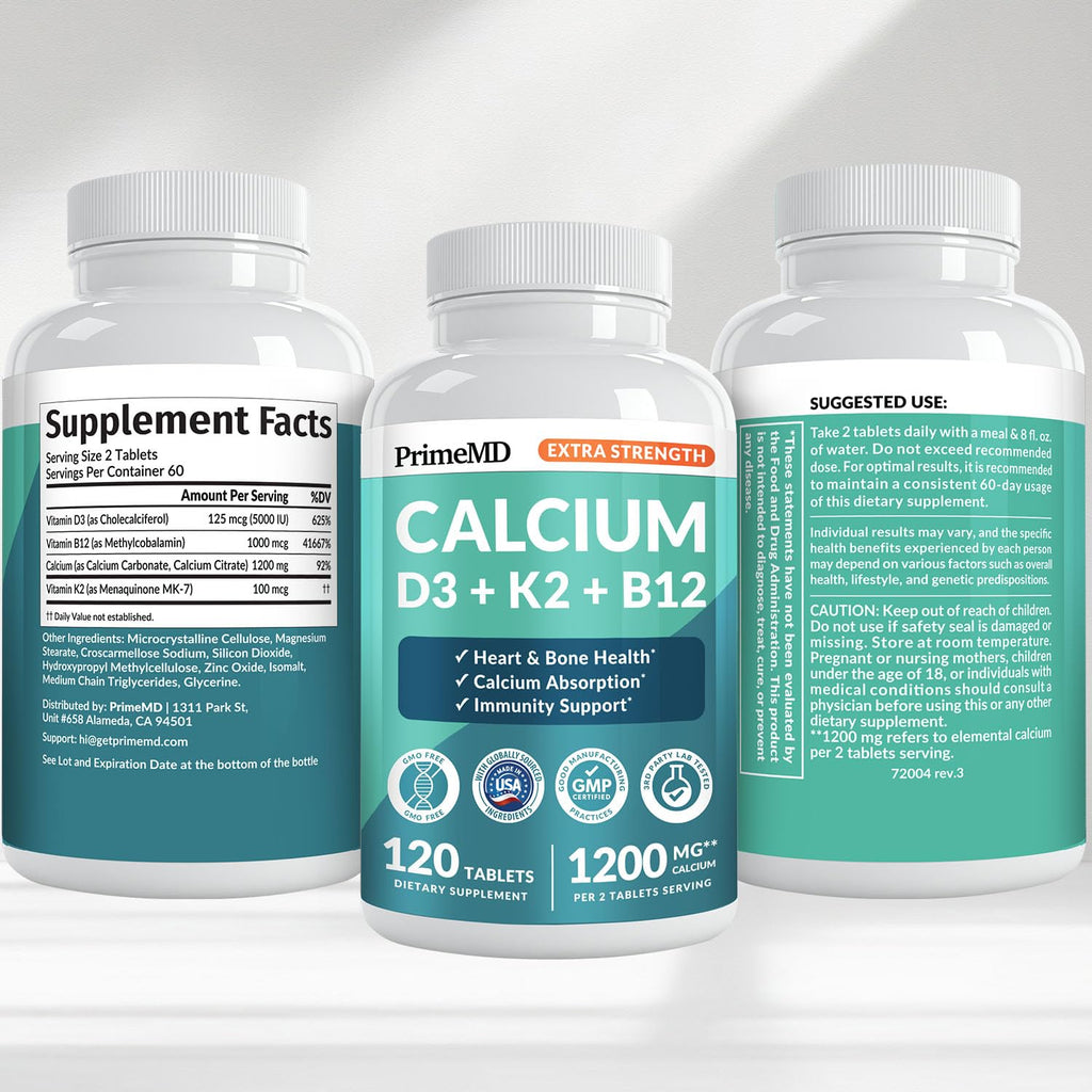 4-in-1 Calcium 1200 mg with Vitamin D3 K2 - Extra Strength Calcium Supplements for Women & Men with D3 K2 Vitamin 5000 IU - Everyday Vitality Supplement - Vegan-Friendly, Gluten-Free, Non-GMO (120ct)
