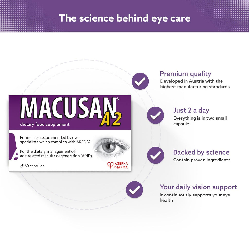 Macusan A2 AREDS2 Formula | Eye Health Dietary Food Supplement with Lutein, Zeaxanthin & Vitamins | Supports Vision & Helps Manage Age-Related Macular Degeneration (AMD) | 60 Capsules
