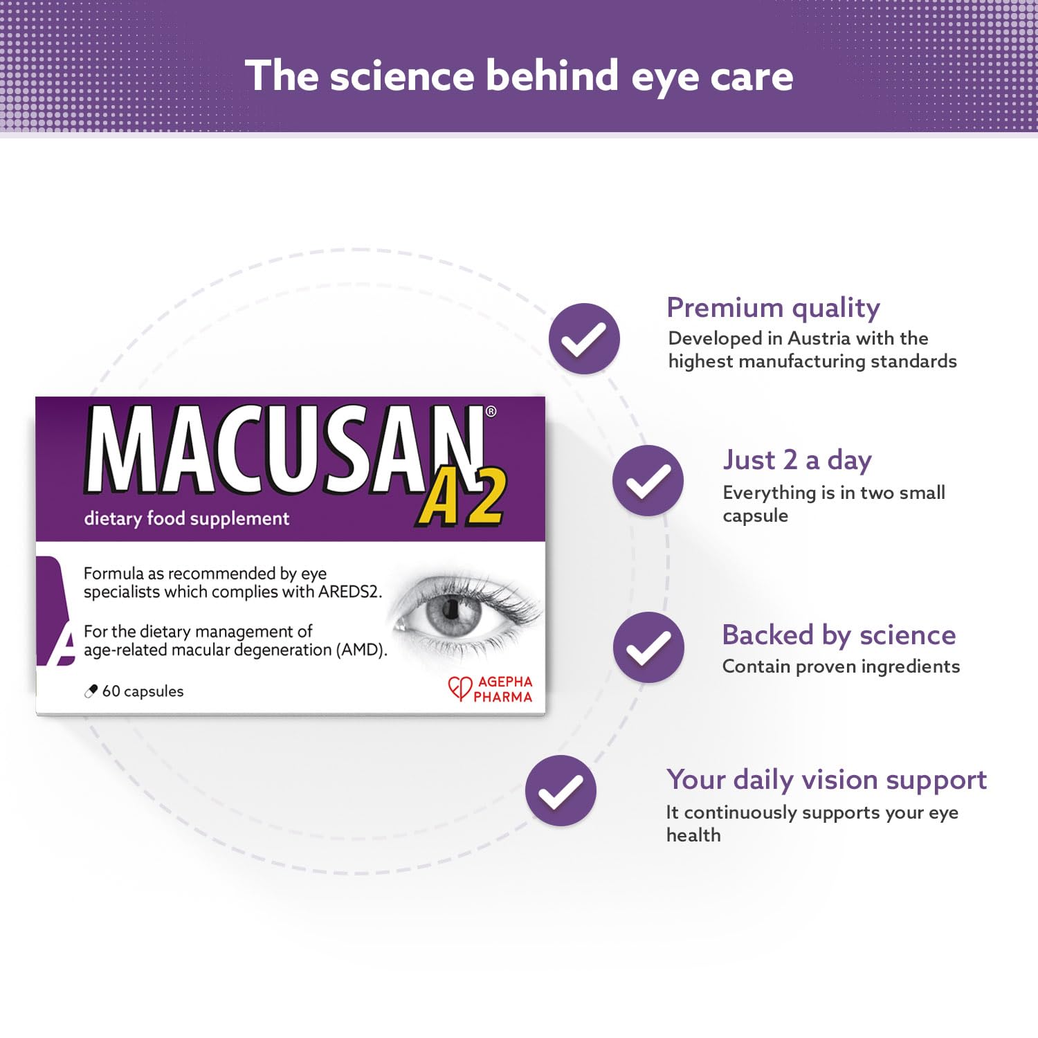 Macusan A2 AREDS2 Formula | Eye Health Dietary Food Supplement with Lutein, Zeaxanthin & Vitamins | Supports Vision & Helps Manage Age-Related Macular Degeneration (AMD) | 60 Capsules