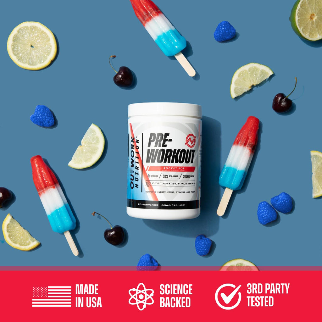 Outwork Nutrition Preworkout for Men & Women - Nootropic Pre Workout Without Creatine, Pre-Workout Powder with Taurine Rhodiola Citrulline Malate Beta Alanine Caffeine (Rocket Pop)