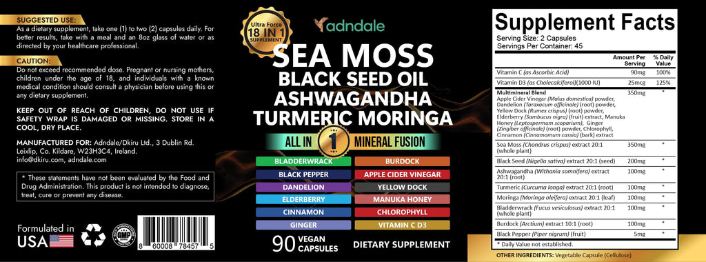 Adndale Sea Moss Capsules - Sea Moss Blend with Ashwagandha, Turmeric & Black Seed Oil - 90 Count