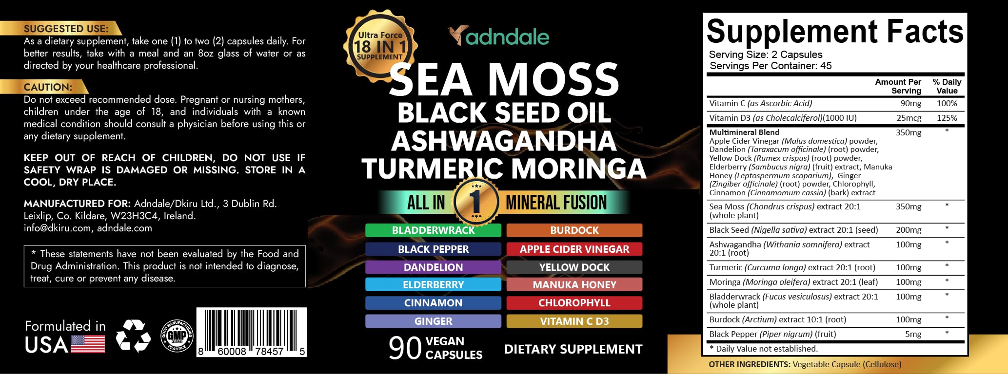 Adndale Sea Moss Capsules - Sea Moss Blend with Ashwagandha, Turmeric & Black Seed Oil - 90 Count