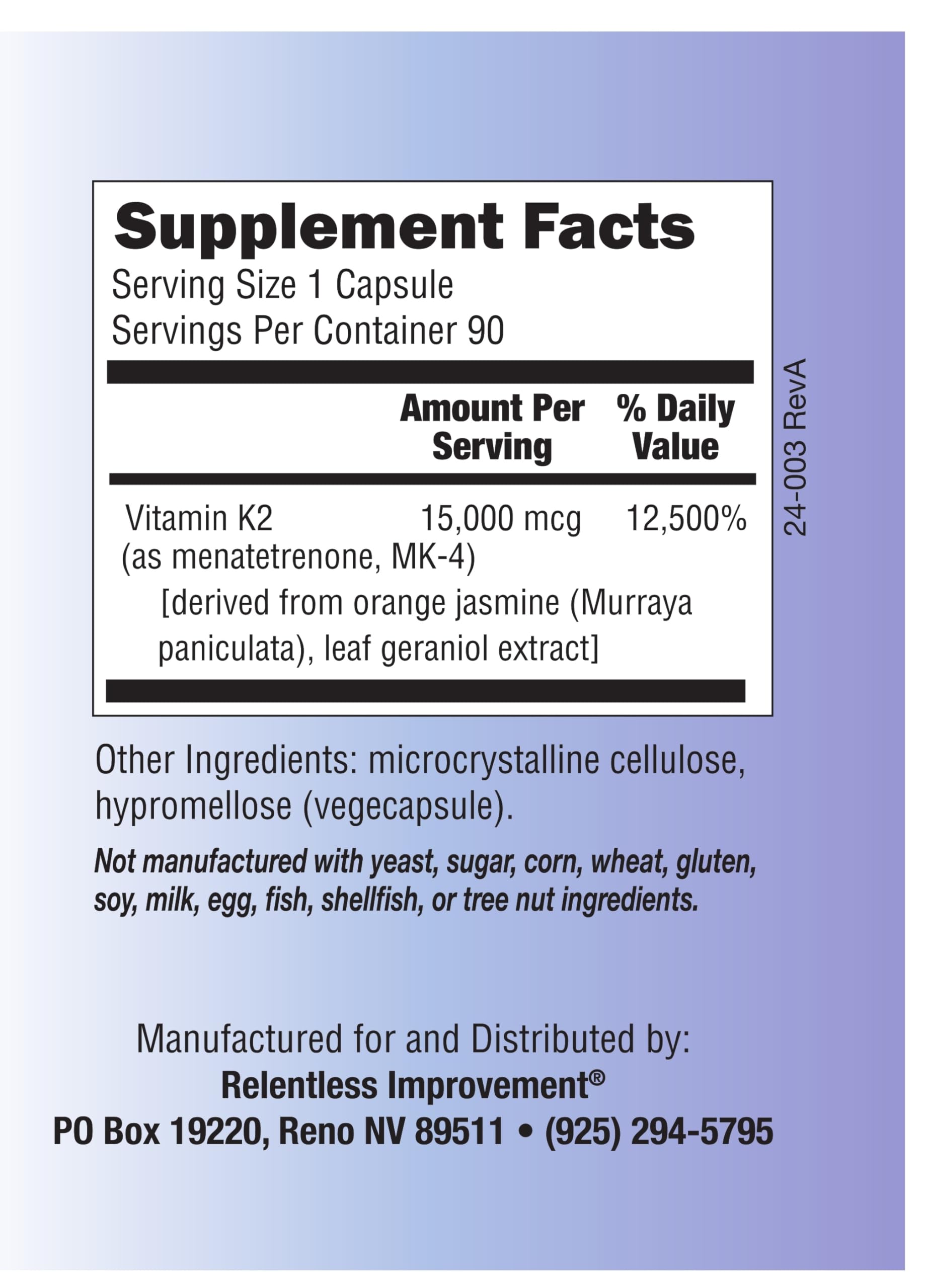 Relentless Improvement Natural Vitamin K2 MK4 - High-Potency 15,000mcg Supports Bone and Arterial Health Soy-Free, Vegi-Capsules