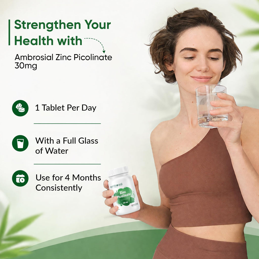 Ambrosial Zinc Picolinate Supplement 30 mg – High Strength Zinc Tablets for Women & Men – Non-GMO, GMP Certified, 120 Tablets (4 Months Supply)