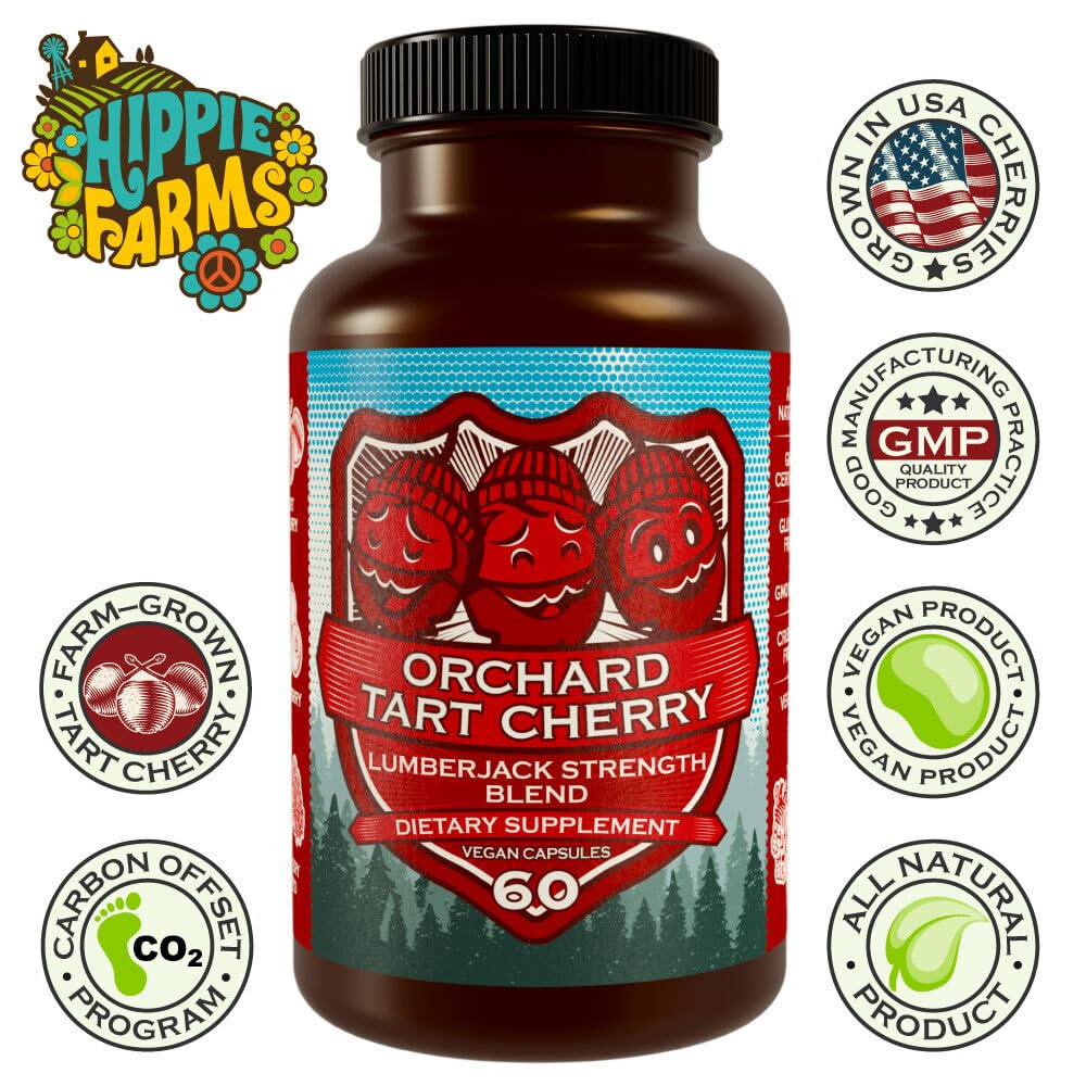 Hippie Farms Tart Cherry Capsules Grown in USA - Lumberjack Strength Blend - Tart Cherry Powder with Bilberry (60 Count)