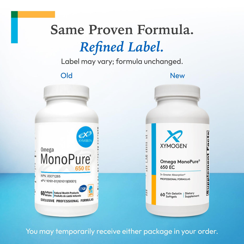 XYMOGEN Omega MonoPure 650 EC - Heart & Brain Support - DHA & EPA Omega-3 Fish Oil - Monoglyceride High Absorption Softgels - Enteric Coated - 60 Softgels