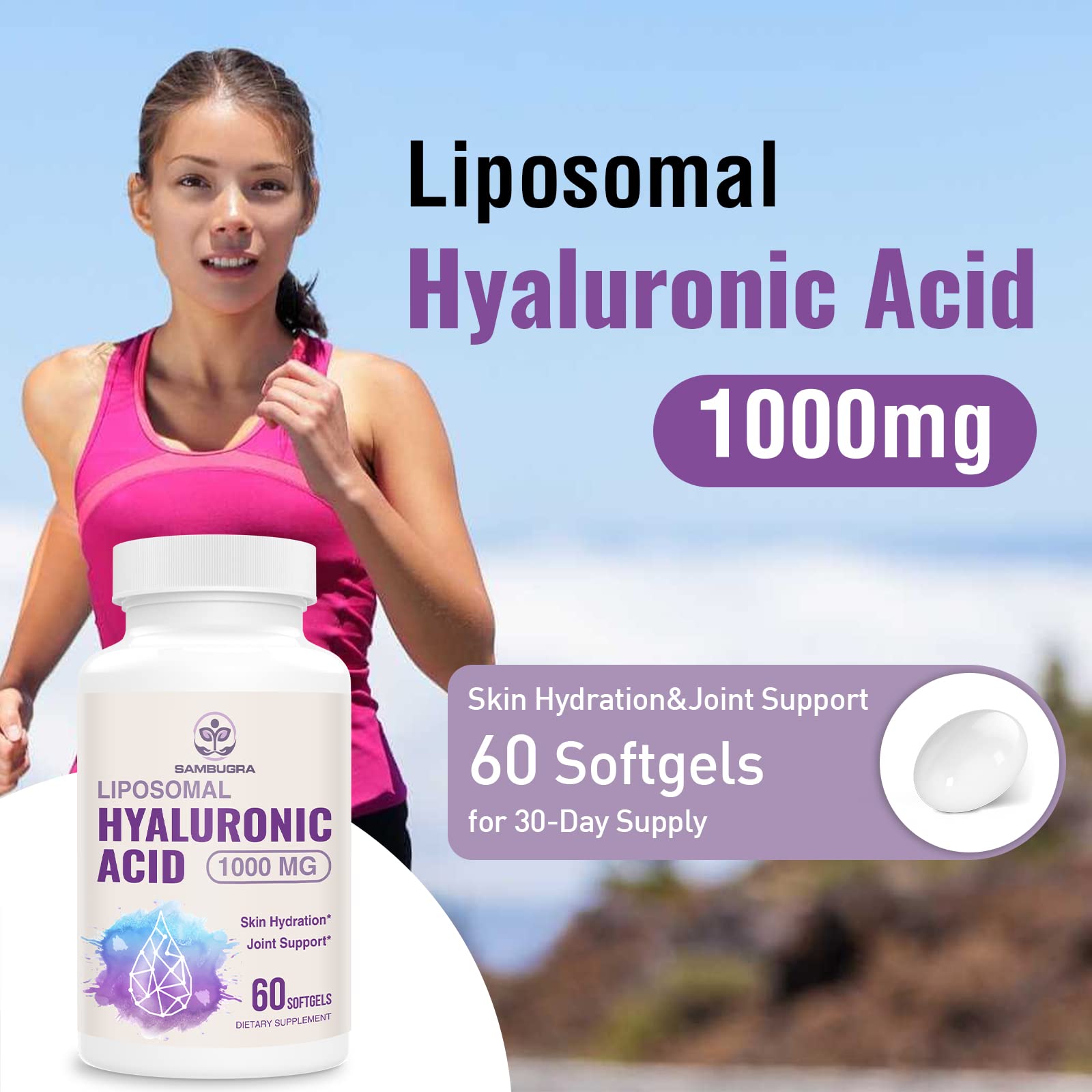 Sambugra Liposomal Hyaluronic Acid 1000mg, High BioavailabilityHyaluronic Acid Capsules, Dietary Supplement Support Skin and Bones, 120 Capsules (Pack of 2)