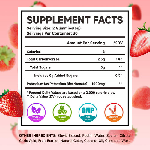 2 Pack Potassium Gummies 1000mg, Potassium Bicarbonate Supplement for Adults & Kids, Potassium Supplement for Electrolyte Balance & Muscle Heath, Sugar-Free, Strawberry Flavor, 120 Count