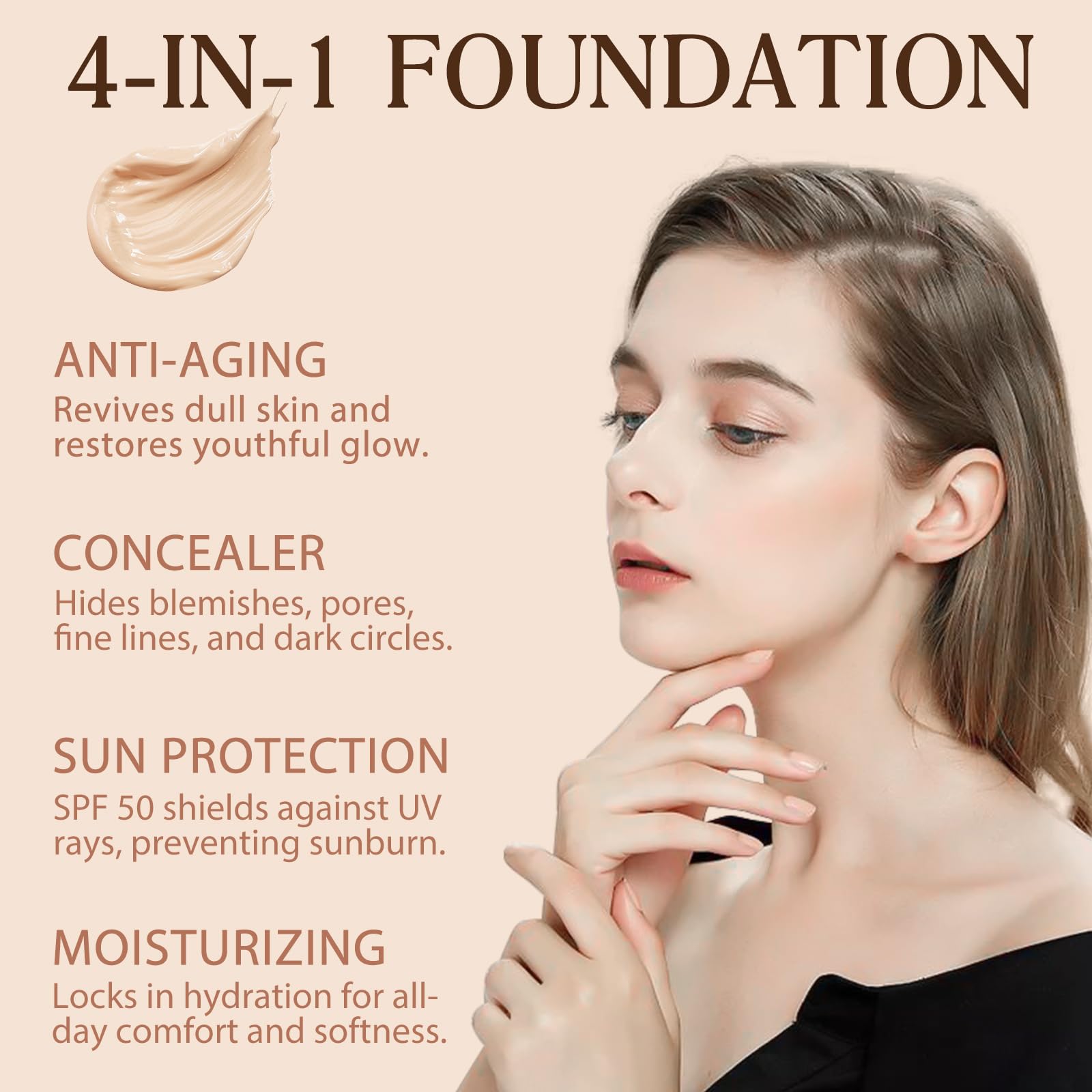 Foundation 4 in 1, Medium Spectrum with SPF 50+, Longwearing & Waterproof, Hydrating Color Changing Foundation, Non-Greasy,Long Lasting, Great for all skin types, 30ml