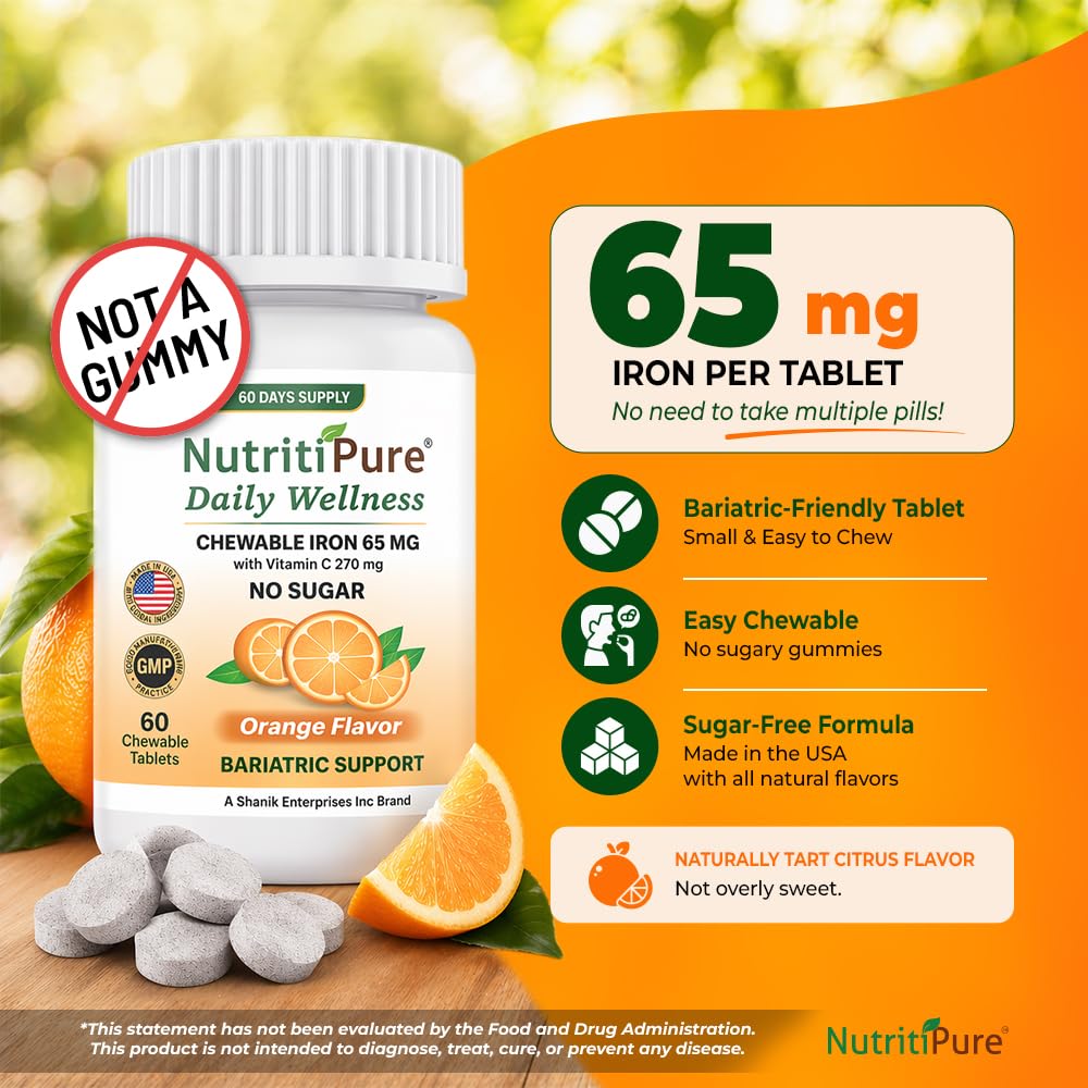 Carbonyl Iron 65mg Chewable Tablets with 270mg Vitamin C – Gentle, Non-Constipating Iron Supplement for Women & Men – Bariatric Friendly – Sugar Free – 2 x 60 Count (120 Day Supply)