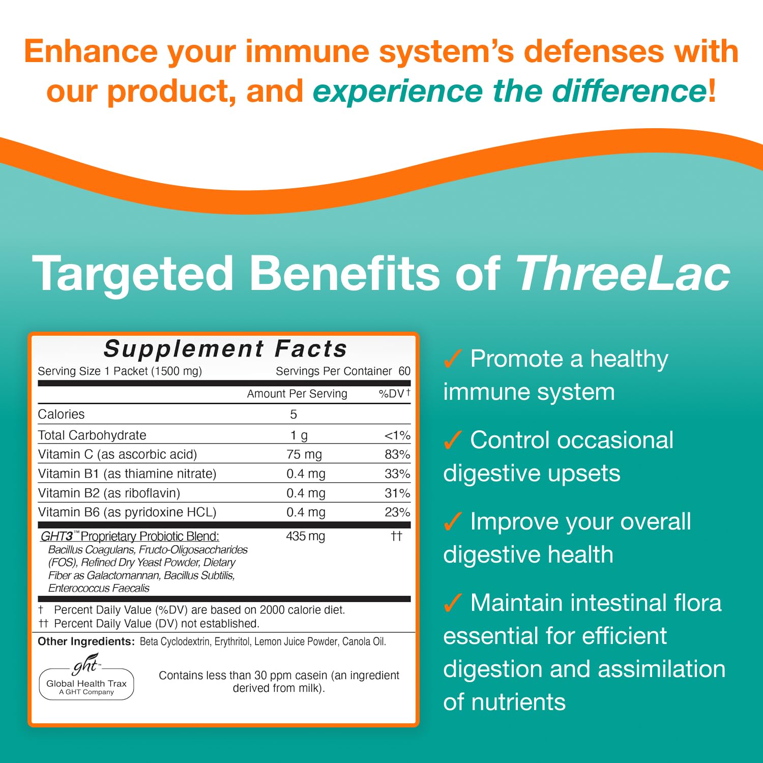 Global Health Trax ThreeLac Lemon Probiotic Drink Mix for Digestive Health - Advanced Probiotic Powder Formula for Men, Women, and Kids - Immune Support & Gut Balance, Non-GMO - 120 Packets