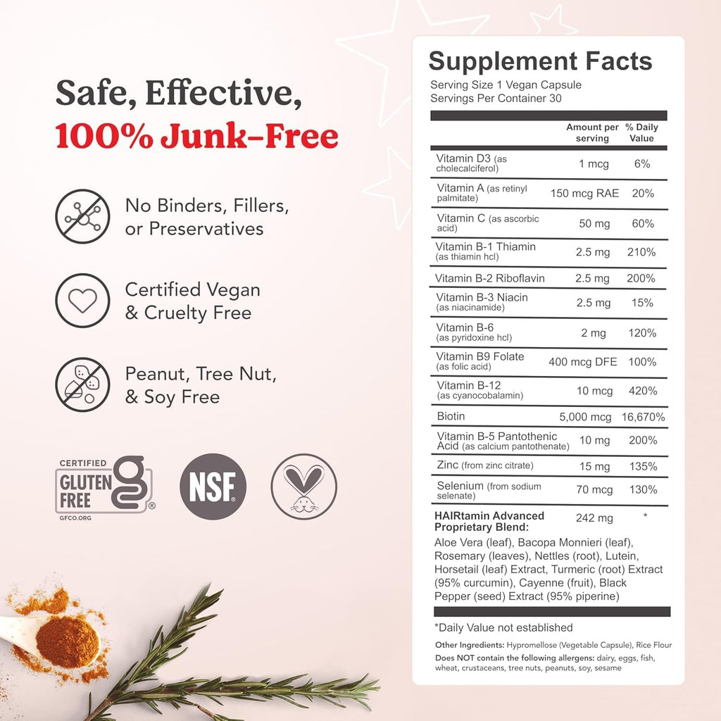 HAIRtamin Advanced Formula Hair Growth Supplement for Women & Men, Supports Stronger, Longer, Visibly Thicker Hair, with 5000 mcg Biotin, Vitamins & Antioxidants, 100% Vegan – 3 Month Supply