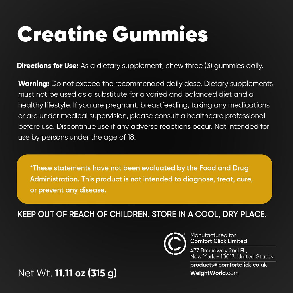 WeightWorld Sugar Free Creatine Gummies 5g (5000mg) | Pre & Post Workout Gummy | 90 Vegan Creatine Monohydrate Gummies for Men & Women (1 Month Supply) - 3 per Day | Non-GMO, Natural Lemon Flavor