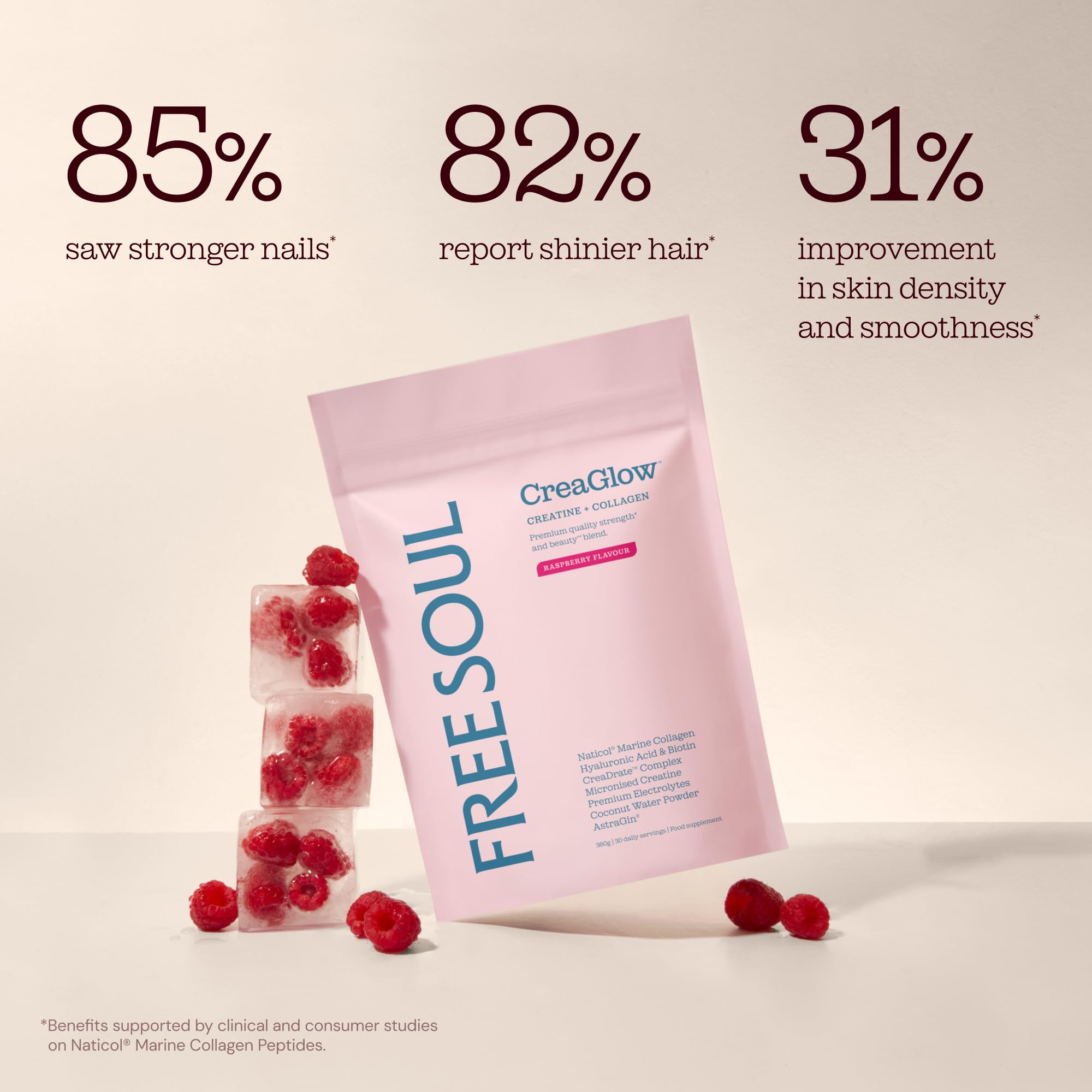 Free Soul CreaGlow | Marine Collagen + Creatine + Electrolytes | Raspberry