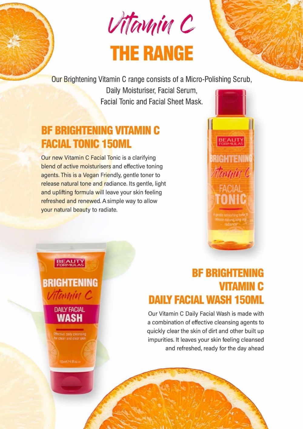 Beauty Formulas BRIGHTENING VITAMIN C Bundle BRIGHTENING Facial Tonic 150ml, Facial Wash 150ml, Daily Moisturiser 100ml, 3 Pieces