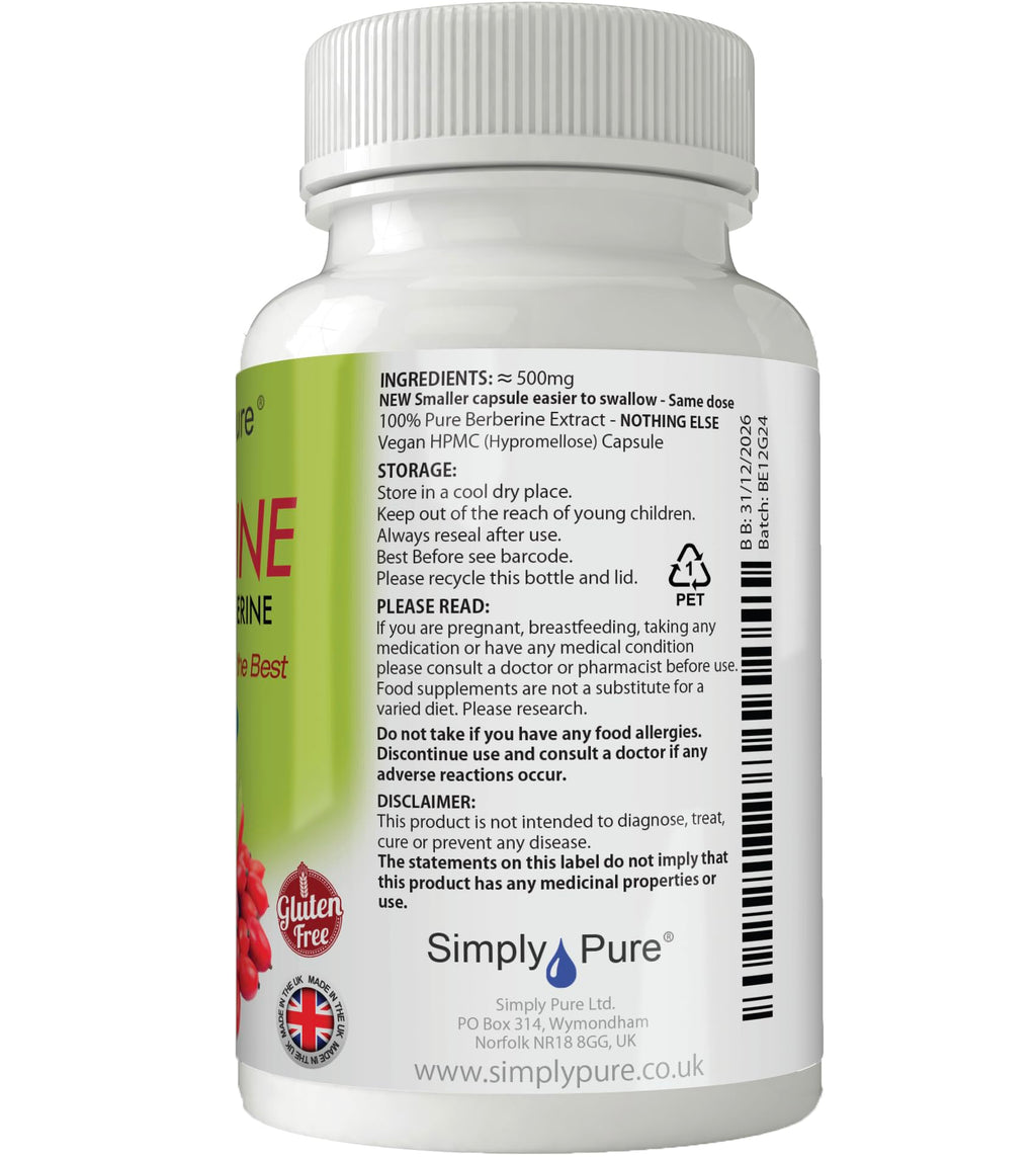 Simply Pure 100% Pure Berberine with NO Fillers or Binders | 90 Capsules
