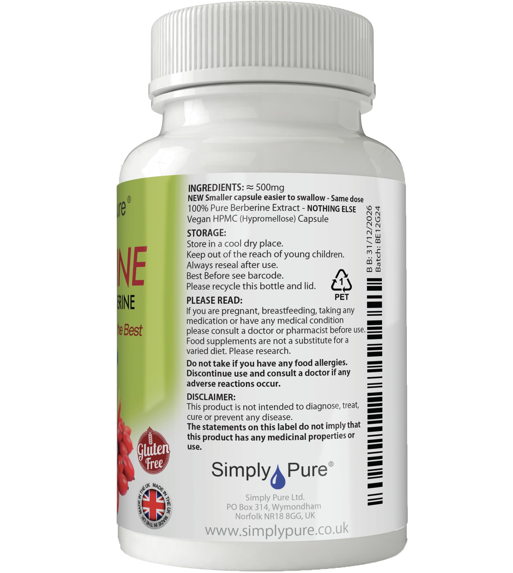 Simply Pure 100% Pure Berberine with NO Fillers or Binders | 90 Capsules