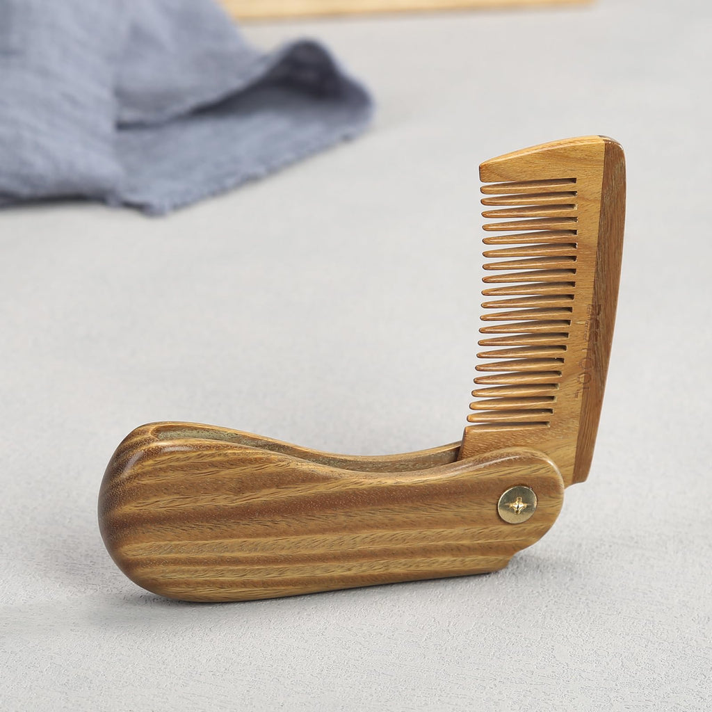 BESTOOL Foldable Green Sandalwood Comb for Men's Grooming & Combing Hair, Beards & Mustaches, Antistatic, Naturally Scented Detangling Comb