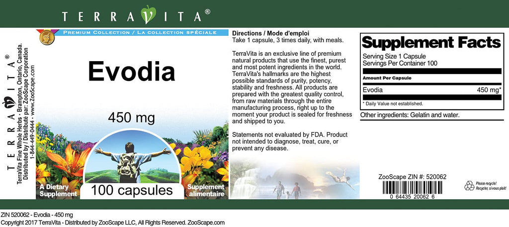Evodia - 450 mg (100 Capsules, ZIN: 520062)