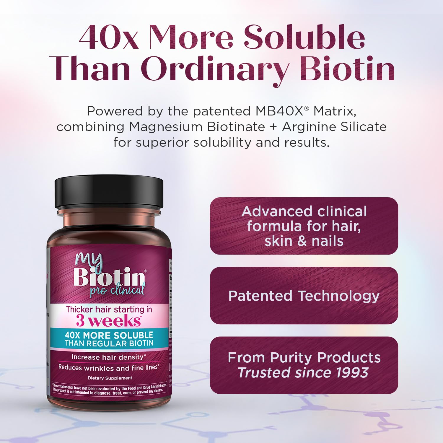 Purity Products - MyBiotin ProClinical - Thicker Hair in 3 Weeks & Fights Wrinkles - MB40X Patented Biotin Vitamin B7 Matrix w/Astaxanthin - 40X More Soluble vs Ordinary Biotin, 30 Veg Capsules