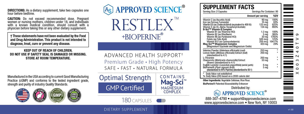 Approved Science Restlex for Restless Legs – Magnesium Glycinate for Calm Legs and Restful Legs – Natural Itching, Crawling, and Tingling in Feet and Legs - Calm, Restful Sleep Support - 6 Months