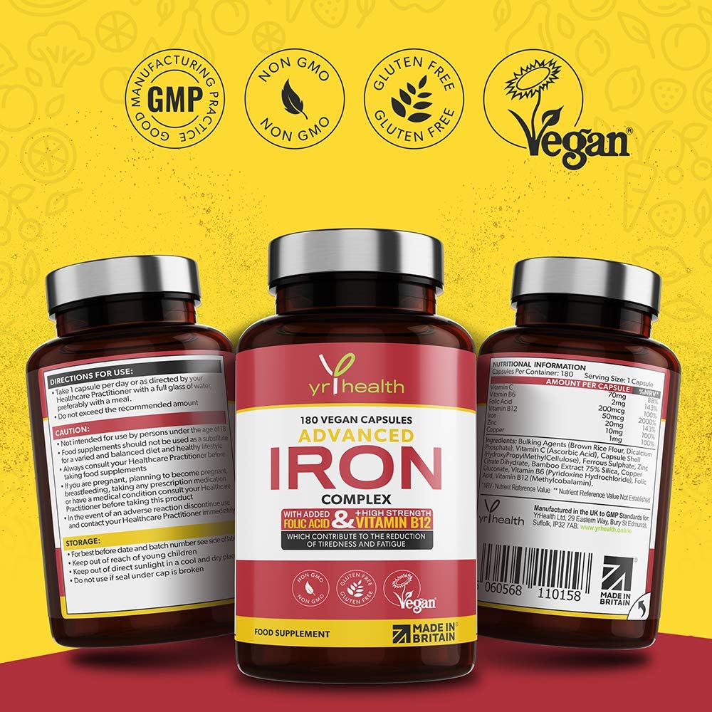 Iron Supplement 20mg - 6 Month Supply Vegan Capsules with B12 & Folic Acid