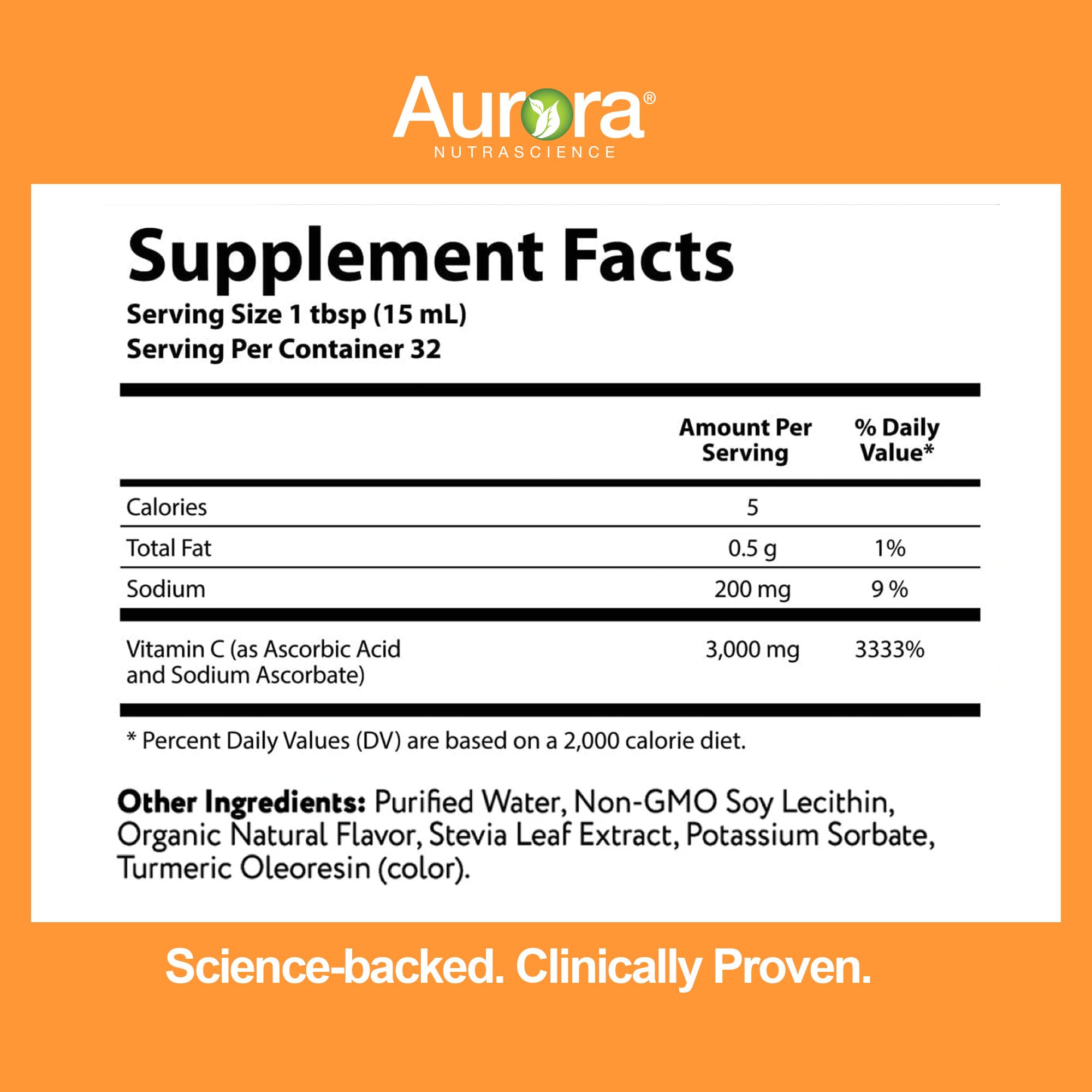 Aurora Nutrascience Liposomal Liquid Vitamin C - Healthy Immune Support Supplement for Adults, Sugar Free, 3000 mg per Serving, Vegan, Gluten Free, Non-GMO - 32 Single Serve Packets, Orange