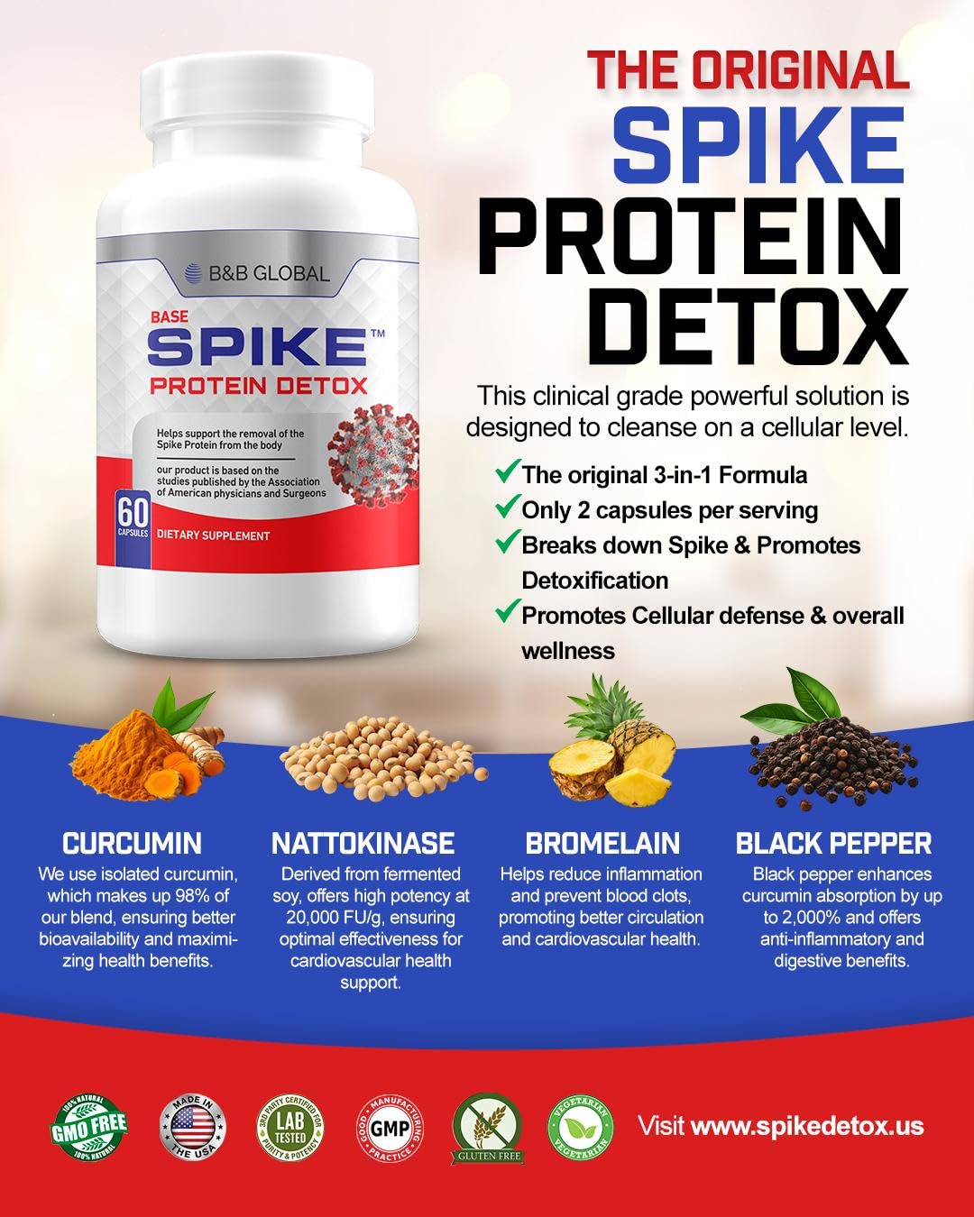 Spike Protein Detox Supplement - 3-in-1 Ultimate Nattokinase 4000 FU, Bromelain 500mg, Curcumin 1000mg - Unflavored Spike Detox Cleanse - Wellness Formula for Immune & Spike Support - 60 Capsules