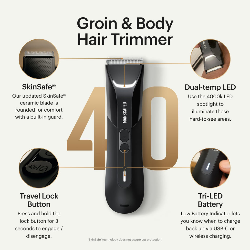 MANSCAPED® The Lawn Mower® 4.0 PRO - Groin & Body Hair Trimmer, Updated SkinSafe® Trimmer Blade, Waterproof Wet/Dry Groomer, USB-C & Wireless Charging Compatible, Men’s Ball Shaver with Travel Lock