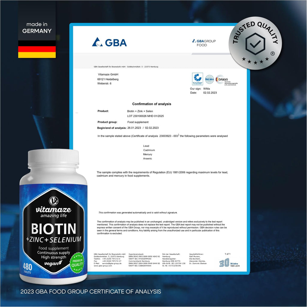 Biotin Hair Growth 480 Tablets (+1 Year Supply) with Selenium + Zinc. Biotin 10.000mcg for Hair Growth, Skin and Nails Nourishment, Vegan Small Tablets, German Quality, Vitamaze®