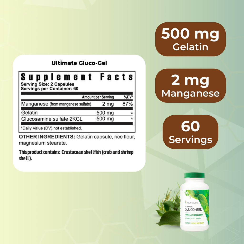 Youngevity Ultimate Gluco-Gel -for Tendons, Bones & Cartilage | Contains Glucosamine, Gelatin & Manganese | 120 Capsules | 1 Bottle