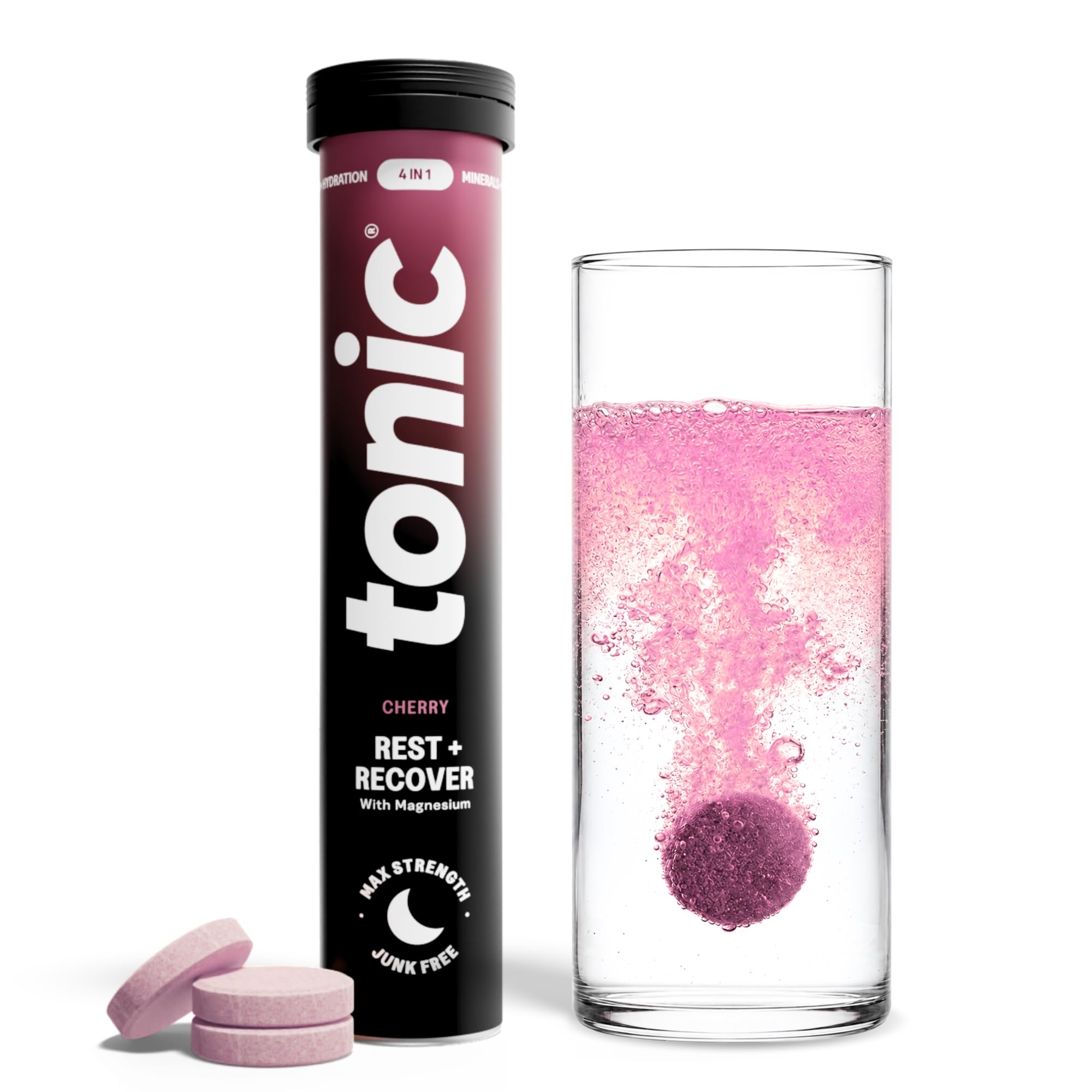 Tonic Health Rest and Recovery Effervescent Tablets - 300mg Elemental Magnesium, Ashwagandha, Lemon Balm - No Sugar, Magnesium Glycinate - Relax and Recharge, Calming Cherry 20 Count