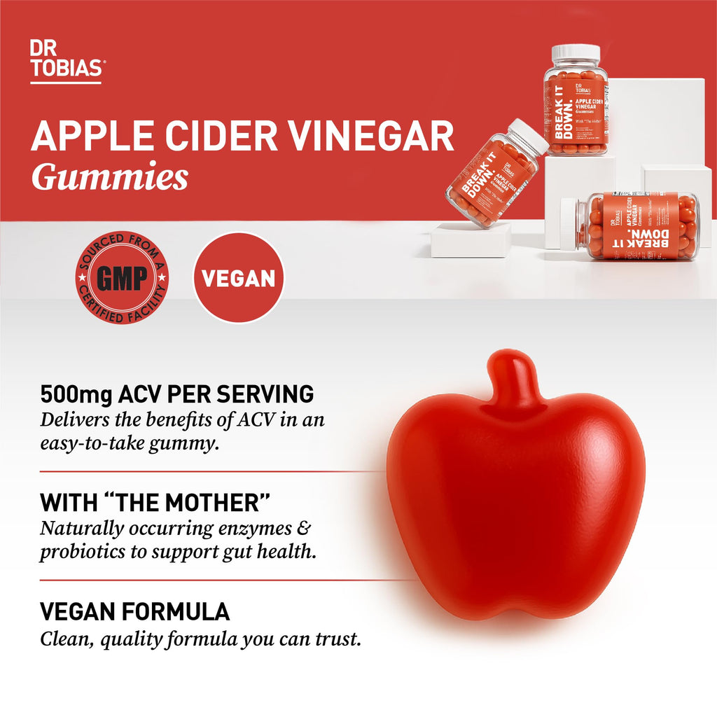 Dr. Tobias Apple Cider Vinegar Gummies with The Mother - 500mg ACV Per Serving, Plus Folate, B6, B12 & Iodine | Supports Digestive Health Gut Cleanse & Detox - Vegan (120 Gummies)